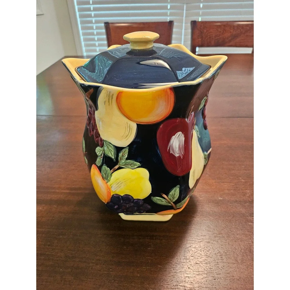 Nonnis Biscotti Cookie Jar Kitchenware Large Black Fruit Patterned Ceramic